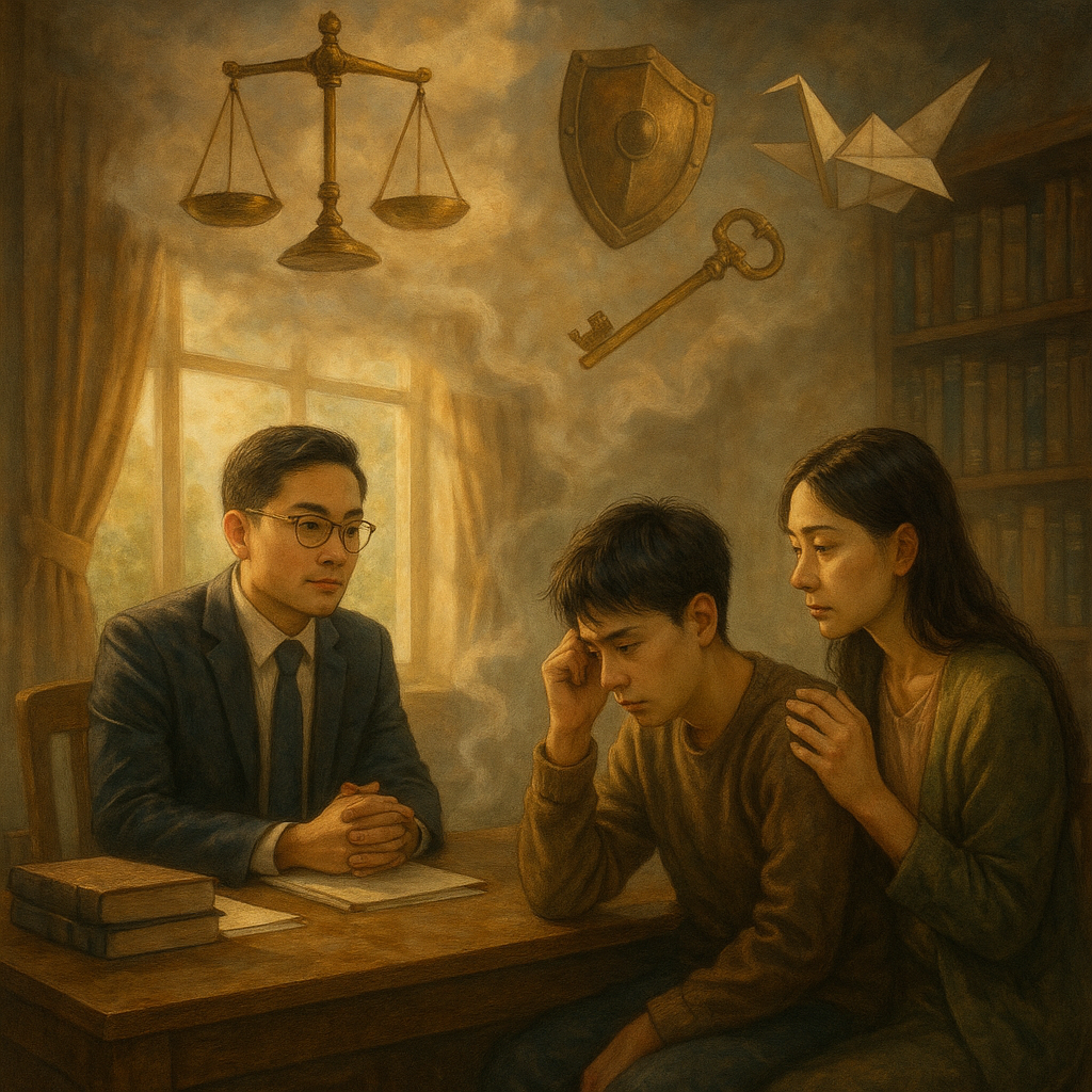 高解析奇幻電影感手繪插畫:溫暖自然光的辦公室裡,表情細膩的台灣專業男女諮詢法律。被霸凌者獲陪伴,角落陰影化作柔和煙霧;天上漂浮天秤、盾牌、鑰匙與紙鶴,手繪質感,魔幻而沉浸暖心。