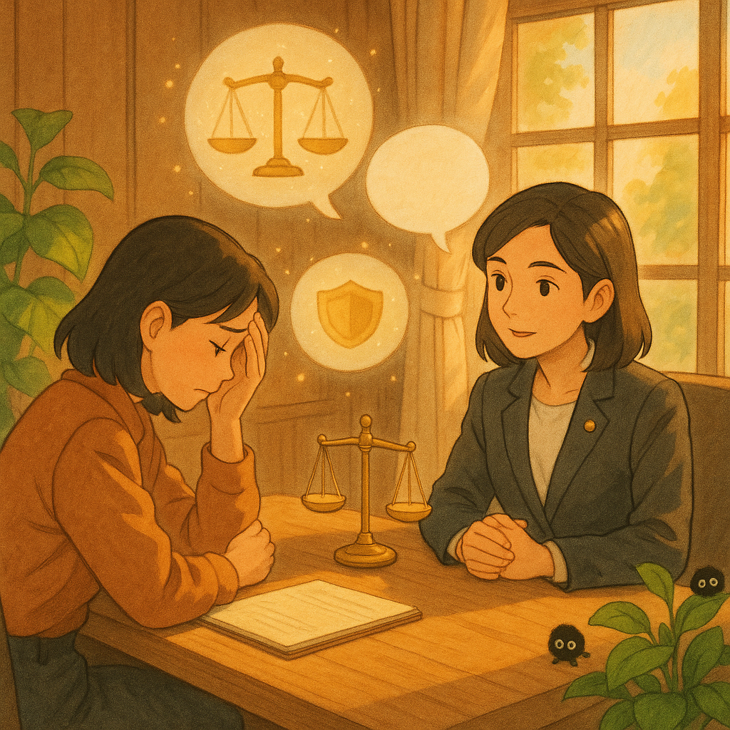 吉卜力風暖色手繪:台灣辦公室中,台灣律師傾聽受霸凌的台灣員工;自然光灑落木質會議室,天秤、盾牌與無字對話泡泡微光漂浮,綠植與小精靈點綴,傳達法律諮詢與實務建議的希望。