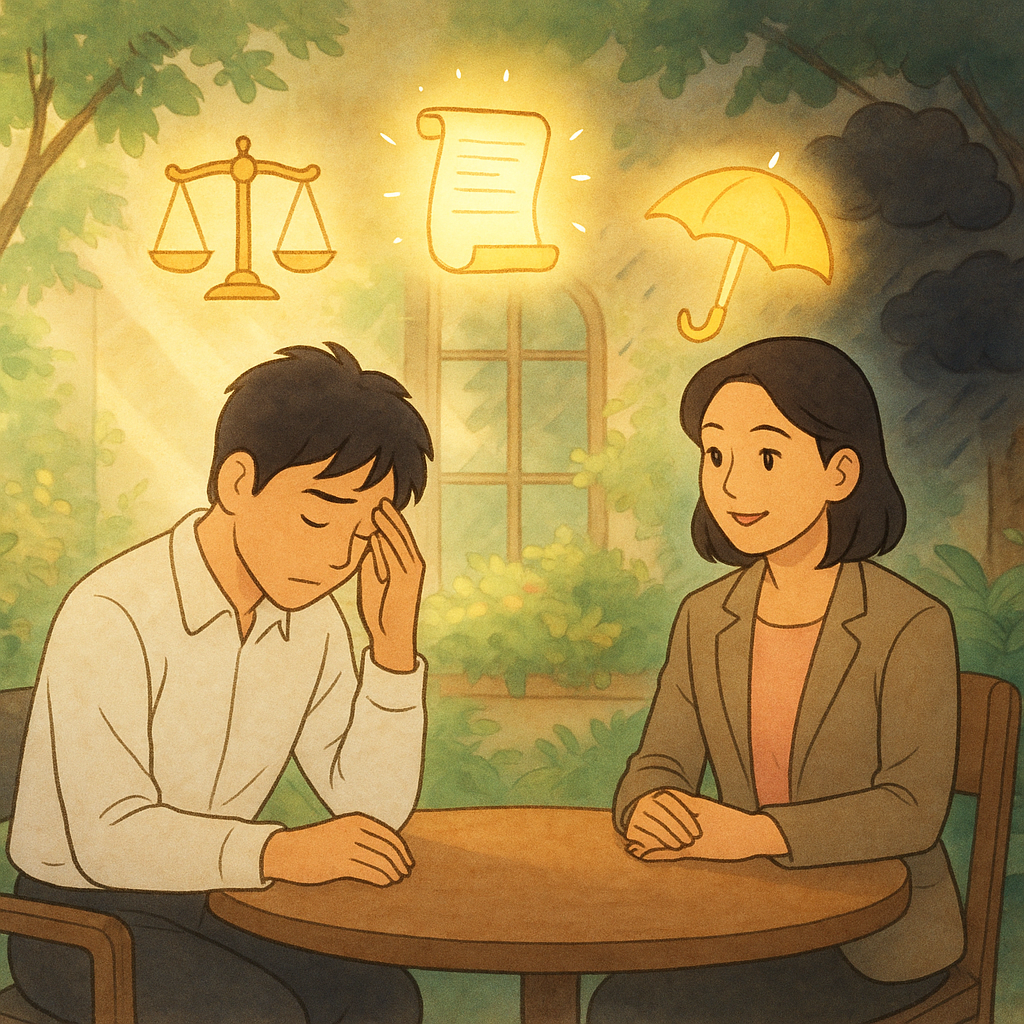 吉卜力風自然柔光辦公室庭園，具台灣人特徵的專業人士在圓桌諮詢；一名受職場霸凌的員工被溫柔接納，金色天秤、發光卷宗與守護傘化作漂浮符號，驅散角落的陰影雲，柔色調與手繪質感、無文字。