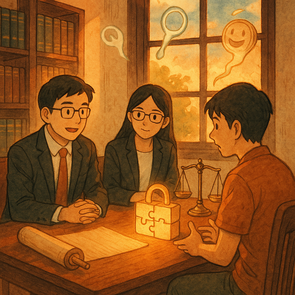 暖光下的律師事務所，兩位台灣人律師與當事人圍坐討論，桌上無字卷軸、天秤與發光的拼圖鎖象徵常見爭點與風險控管；窗外漂浮的透明線索與變形的錢幣精靈暗示詐欺罪，手繪質感、溫暖奇幻的日系動畫電影風。