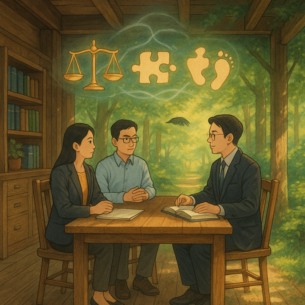 奇幻暖光的吉卜力風場景:木質事務所延伸至林間,兩位台灣專業人士與律師圍桌諮詢,頭頂漂浮交握天秤、相扣拼圖與共同足跡,象徵共同正犯之連結;柔和色彩、手繪質感、自然光與微風細節,沉浸且無文字。