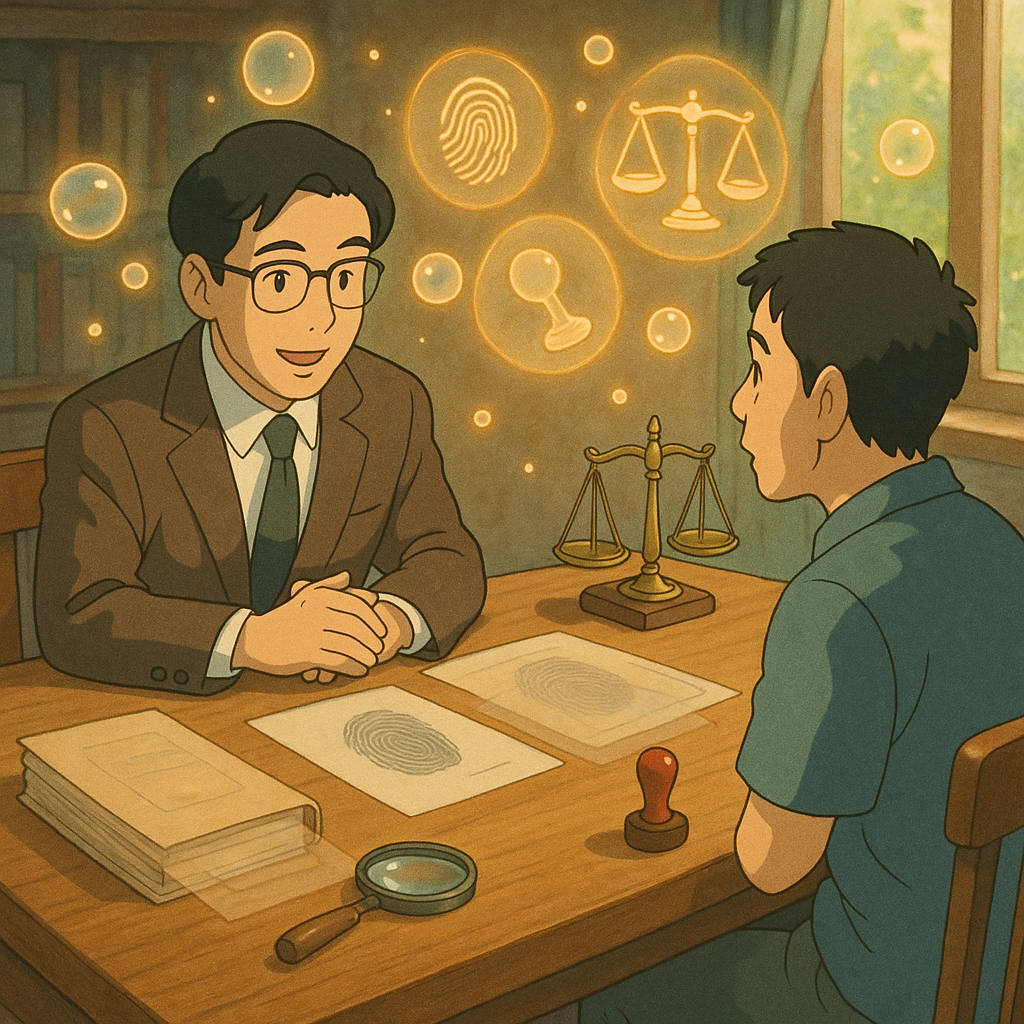 吉卜力感溫暖電影畫面：台灣律師與民眾在木桌諮詢，柔和自然光。桌上漂浮卷宗、放大鏡、指紋、印章與天平，文件重影暗示偽造。發光圖示泡泡環繞、無文字；手繪質感細膩，魔幻而專業。