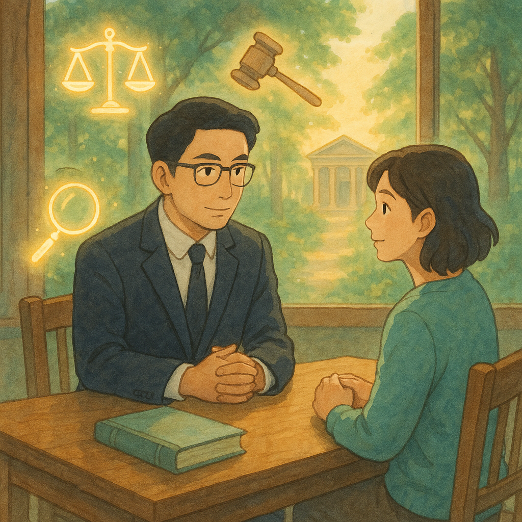 高解析吉卜力式手繪：柔和色彩與自然光下，台灣律師與委託人表情溫和專業於木桌諮商；天平、法槌、放大鏡與再審卷宗化作發光符號環繞；遠處森林化的法院通向晨曦，營造溫暖奇幻氛圍，寓意結論與新起點。畫面無文字。