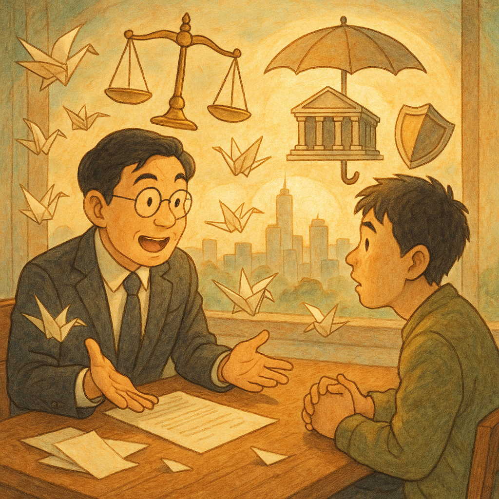 溫暖自然光與柔和色彩下,表情豐富的台灣律師與民眾於木質桌旁諮詢;紙張化作紙鶴環繞,天平、雨傘盾與法院模型漂浮其間,遠處城市被光暈守護,寓意國賠案例與風險控管;手繪質感、吉卜力式奇幻氛圍,無文字。