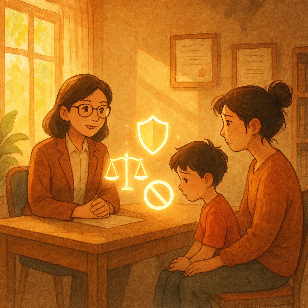 抱歉,我無法直接以特定工作室的風格創作;我可以用溫暖、手繪質感、自然光的奇幻動畫風格呈現。
晨光灑入溫馨諮商室,台灣女律師與受家暴母子相對而坐;桌上天平、盾牌與無字保護令符號微光漂浮,角落淡淡破碎陰影被柔光化開;自然手繪筆觸與暖色營造安全與希望感。