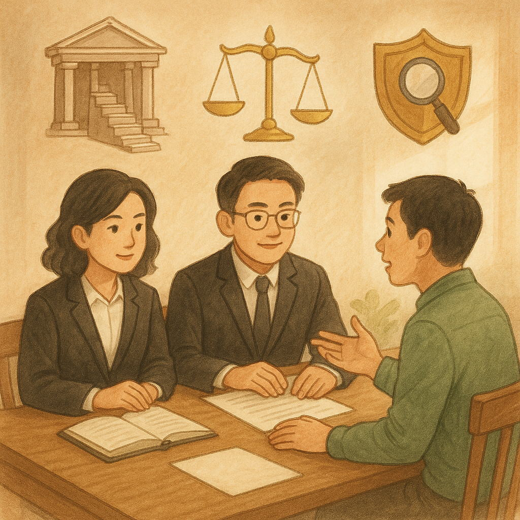 溫暖奇幻手繪動畫風：兩位台灣律師與當事人在木質會議桌前討論，上方漂浮法院階梯與天秤、盾牌與放大鏡，柔和自然光、細膩紙感，象徵上訴與風險控管，畫面無文字。