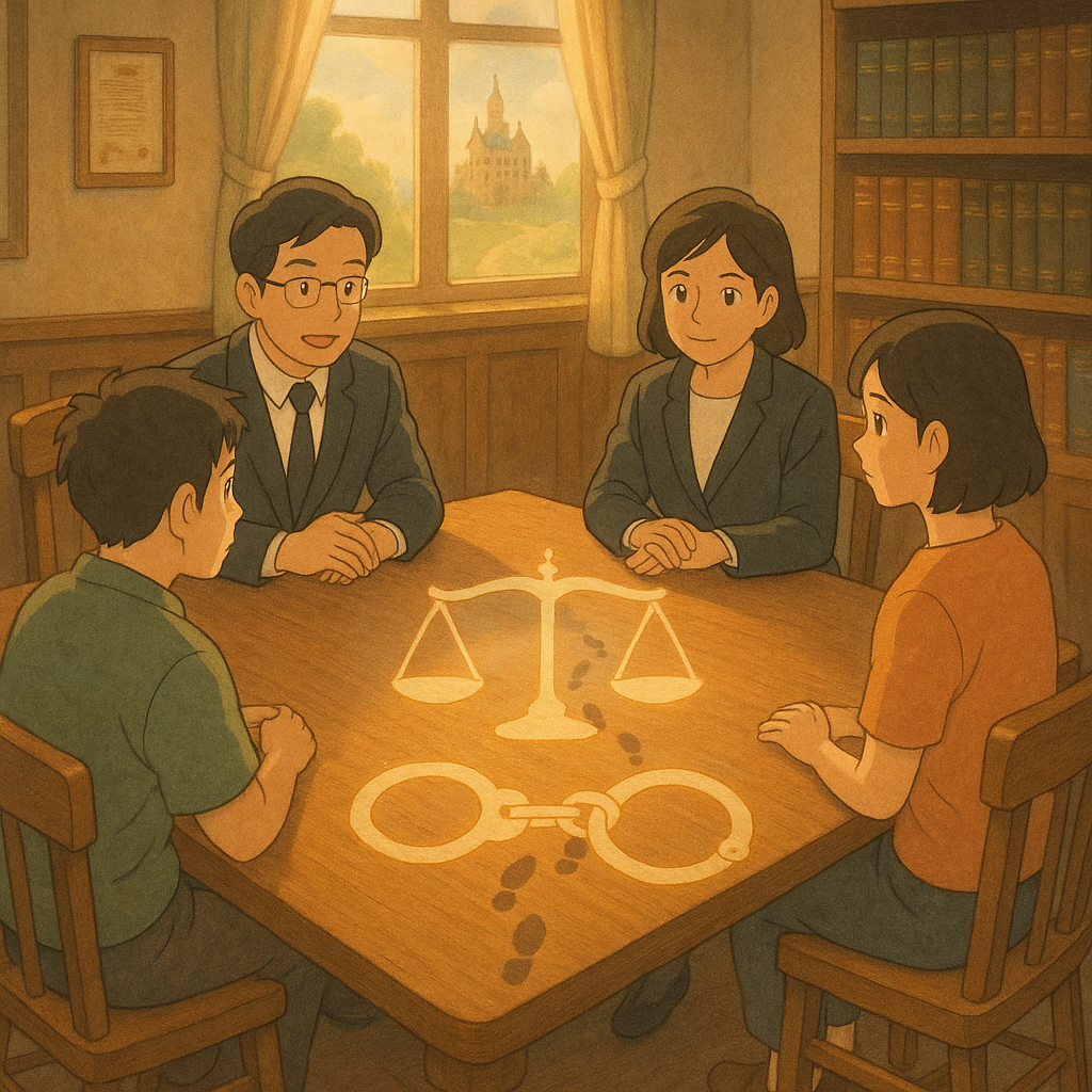 吉卜力風溫暖光影下，兩位台灣律師與兩名當事人在木桌前討論；桌上浮現交織的天秤與相扣手銬幻影，兩條腳印軌跡匯向遠處童話般法院，柔和色調與手繪質感，象徵共同正犯與責任分擔。