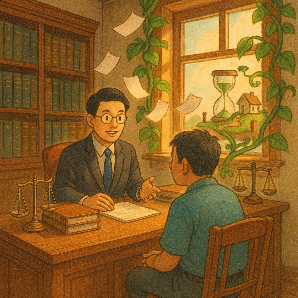 吉卜力風高解析插畫:暖陽灑入木質事務所,台灣律師與民眾對坐諮詢;窗邊藤蔓纏繞沙漏延伸成小屋與土地界樁,旁有天秤與卷宗、無數無字日曆頁隨風飄舞,柔色手繪質感、奇幻而寫實。