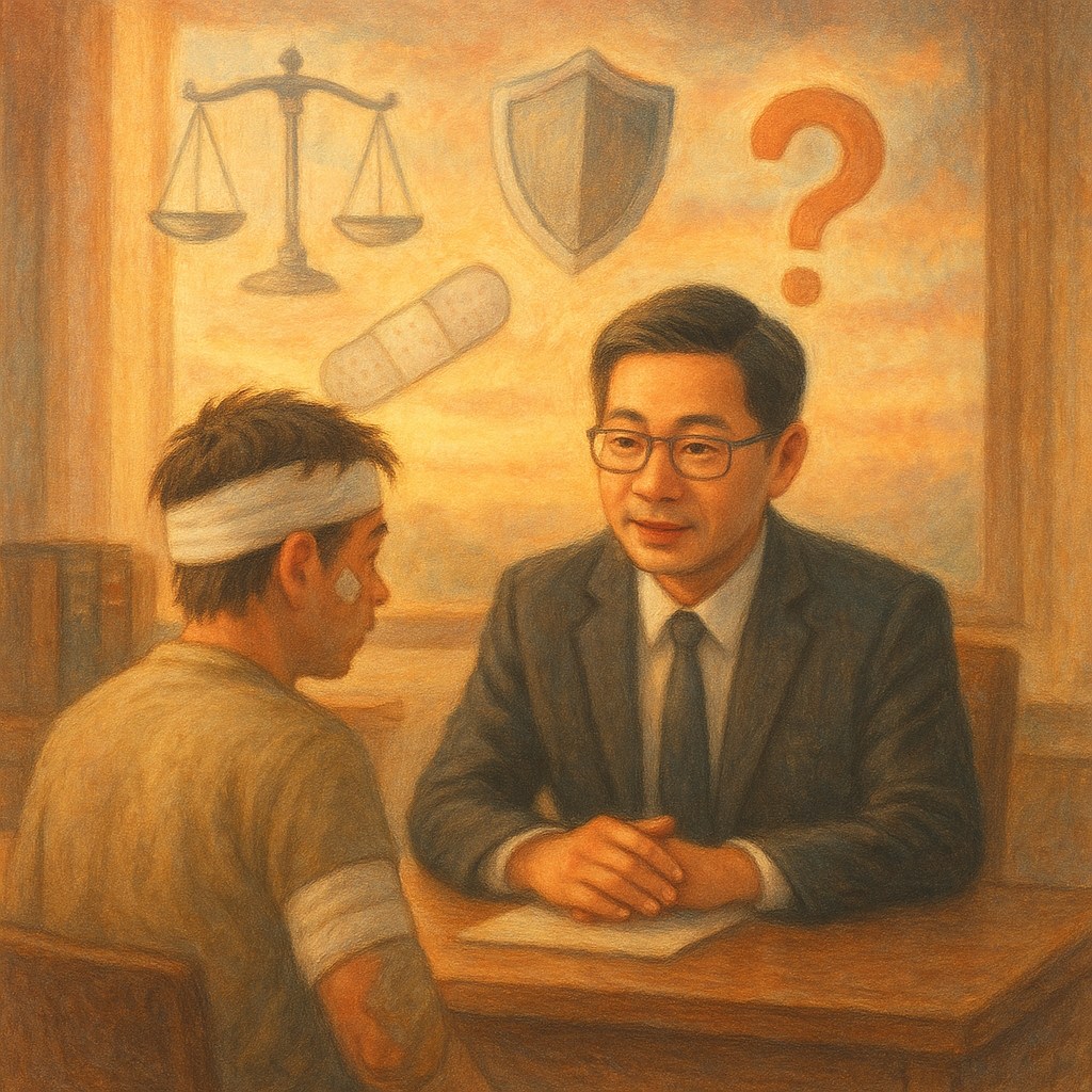 在暖色夕光與柔和色彩中，台灣律師事務所裡，台灣律師溫和傾聽受傷民眾。半透明天秤、盾牌、繃帶與問號在空中緩緩漂浮，手繪質感與自然光營造奇幻而寫實、細膩的諮詢情境，無文字。