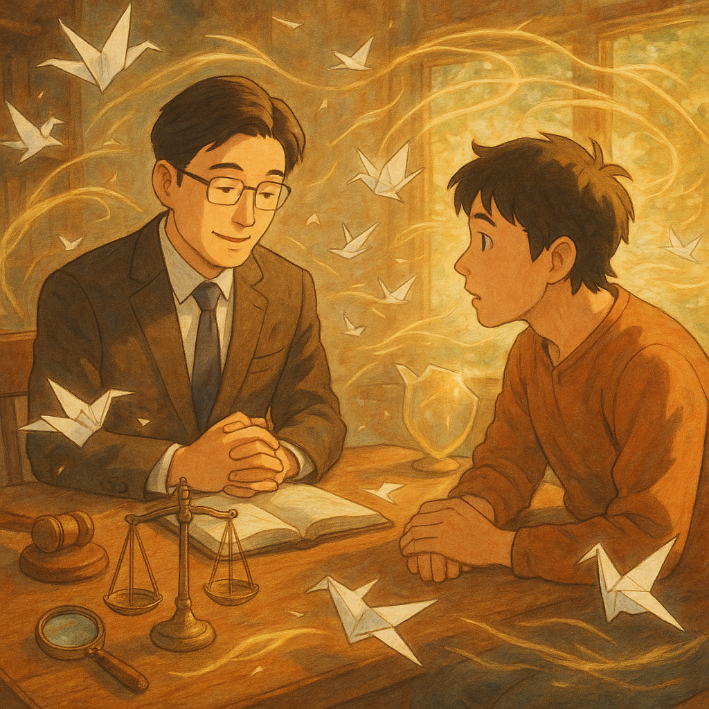 抱歉，我無法直接仿製特定工作室的風格；以下提供相近的溫馨奇幻、手繪動畫風描述：
溫暖自然光下，台灣律師與民眾在木桌諮詢、表情細膩，周圍化作紙鶴與風語的流言旋繞；天平、放大鏡與盾牌光暈守護名譽，手繪質感、奇幻寫實，日系動畫風，高解析度，畫面不含文字。