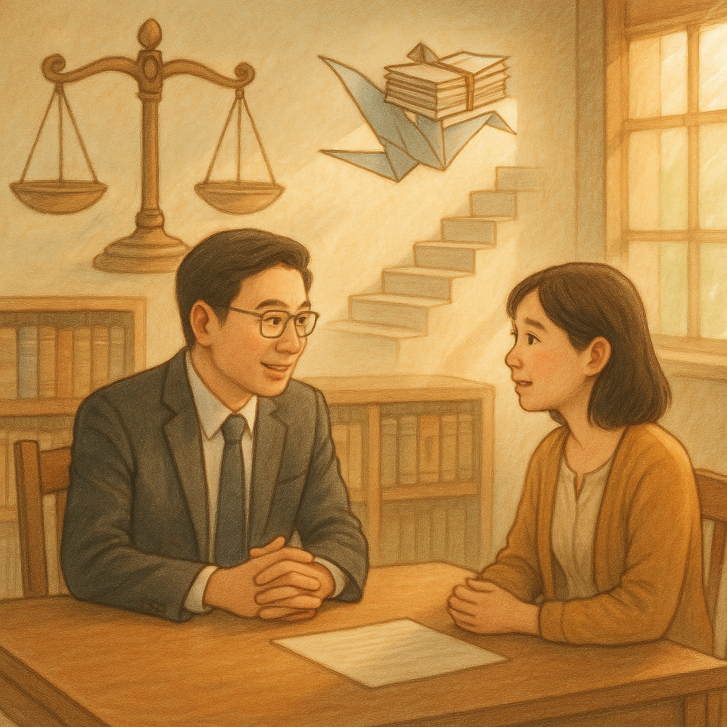 木質律師事務所中，台灣律師與當事人溫暖對談，柔光灑落。周圍浮現高畫質手繪天秤、法院階梯與向上紙鶴托起卷宗，象徵抗告與實務指引；色調柔和、自然光與細膩質感營造童趣電影般奇幻氛圍。