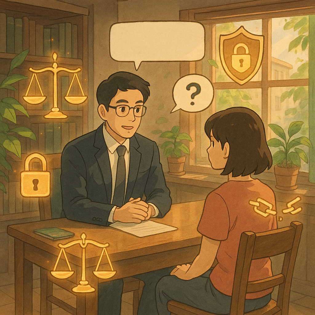 柔和晨光下，台灣律師與當事人在溫暖木質事務所對坐，周圍漂浮發光的天秤、盾牌、鎖與破鏈等象徵，綠植與微風拂動、窗外陰影漸退；手繪吉卜力風，無字對話框暗示諮詢與常見疑問，氛圍安心而堅定。