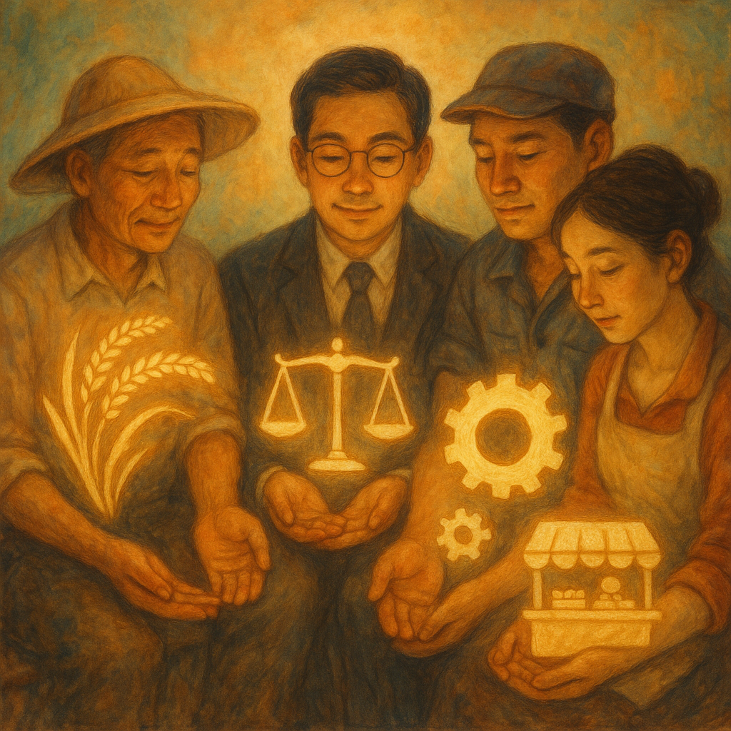 抱歉，我無法直接仿製特定工作室的風格，但可提供相近氣質的圖像描述。

溫潤自然光下，台灣律師與農夫、工人、商販圍坐，手邊浮現稻穗、齒輪、攤位與天秤的發光圖像；柔和手繪筆觸、奇幻暖色氛圍、人物表情細膩，象徵妨害農工商的諮詢與解惑。