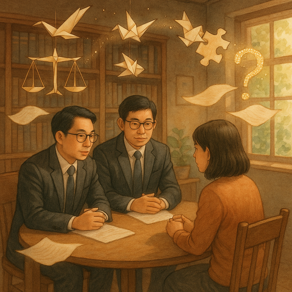 溫暖木質律所中，兩位台灣律師與當事人圍桌低語協商，以柔和色調與自然光陪襯。空中盤旋紙鶴化作天秤、拼圖與光點問號，卷宗漂浮如雲，象徵認罪協商與常見疑問，吉卜力式細膩高解析度手繪，魔幻而真實。