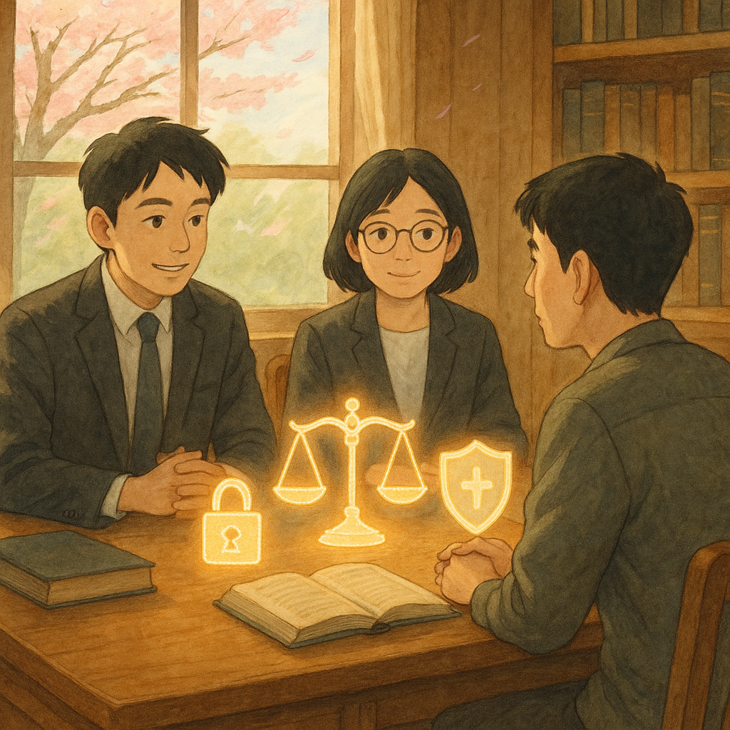高解析度的柔光木質事務所裡，兩位台灣人律師溫和諮詢並傾聽一位台灣人當事人；窗外櫻花與微風流動。桌上浮現發光天秤、鎖與護盾圖像，象徵性自主與保護。手繪質感、吉卜力風、無文字。