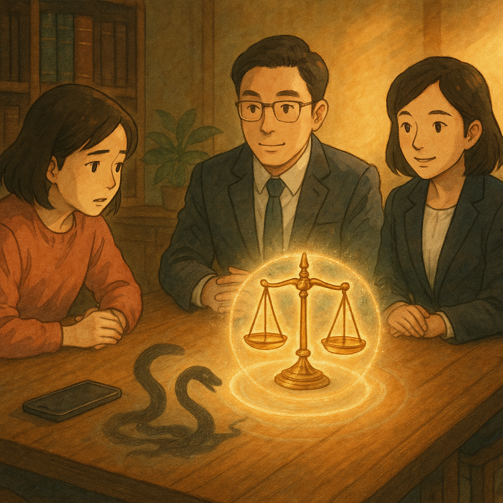 吉卜力式溫暖光影中,兩位台灣人律師與當事人在木桌諮詢,金色正義天秤微光浮現;手機旁有暗影蛇象徵恐嚇罪,光之結界緩緩驅散陰影。手繪質感、自然色調、無文字,兼具寫實與奇幻的電影感結尾。