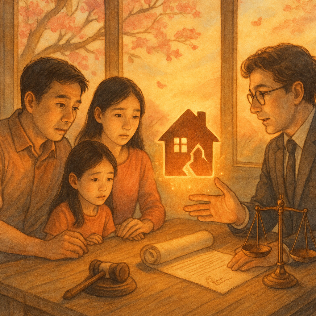 暖色夕光下,台灣家庭三口與專業律師表情細膩,在木桌前商談,桌上天秤、契約卷軸與拼合的破屋剪影漂浮發光;窗外櫻花與微風拂動,手繪質感、自然光影,現實與奇幻交融,象徵結論與行動指引,畫面無文字。