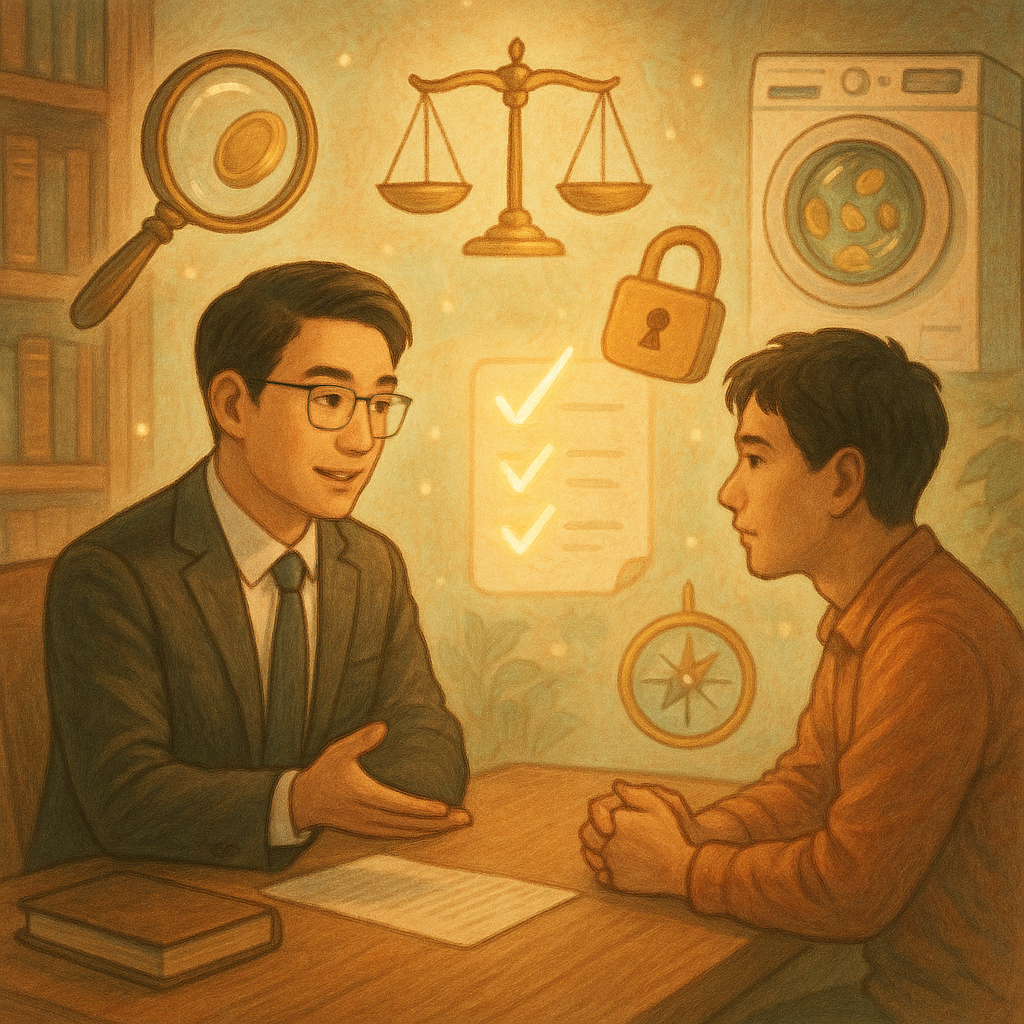 抱歉,我無法直接使用特定工作室的風格;以下提供相近風格的描述:
溫暖自然光下,台灣律師與民眾在木質書房對談,周圍漂浮象徵洗錢偵辦的放大鏡、天秤、鎖與洗衣機中流動的硬幣;發光的勾選清單與羅盤指引結論與行動步驟,高解析度手繪質感、柔色奇幻、無文字。