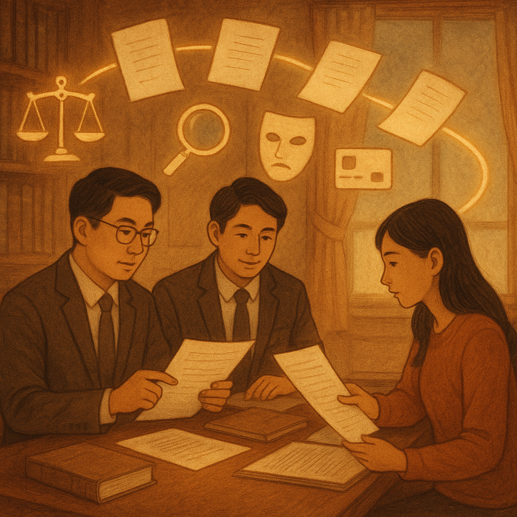 抱歉,我無法直接以特定工作室的風格創作;以下提供相近氛圍的描述:
溫柔晨光下的木質法律事務所,兩位台灣律師與當事人對照證據與文件;空中漂浮的無字卷宗沿弧形流光串連流程,天平、放大鏡、面具、手機與信用卡等符號微亮,映出詐欺罪調查與準備的步驟,手繪質感溫暖而奇幻。