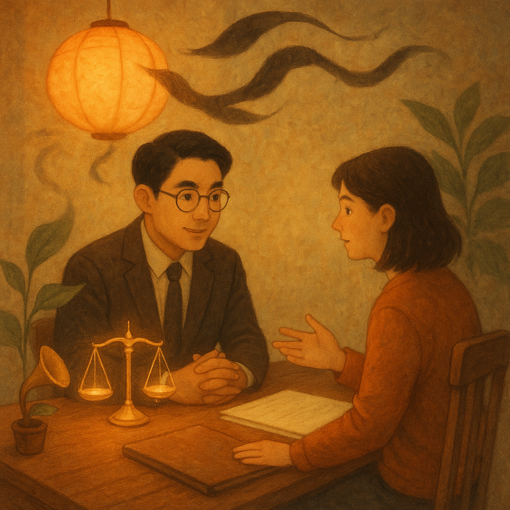 抱歉，我無法直接以特定工作室的精確風格創作，但可提供相似的溫暖奇幻手繪感描述：

在柔暖自然光下，台灣律師與當事人對坐木桌；空中發光燈籠與無字紙帶化作耳語黑影，旁邊小喇叭霧化成葉片，微光天平與文件夾相伴，手繪質感，奇幻溫馨，無文字。