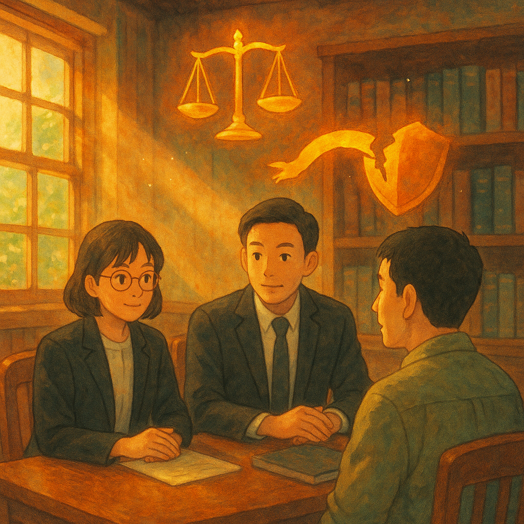 柔光灑入木質事務所,兩位台灣人律師與當事人溫和對談;天光中漂浮天平、破裂絲帶與盾牌,象徵強制罪風險控管;暖色魔幻、吉卜力式手繪質感,畫面無文字。