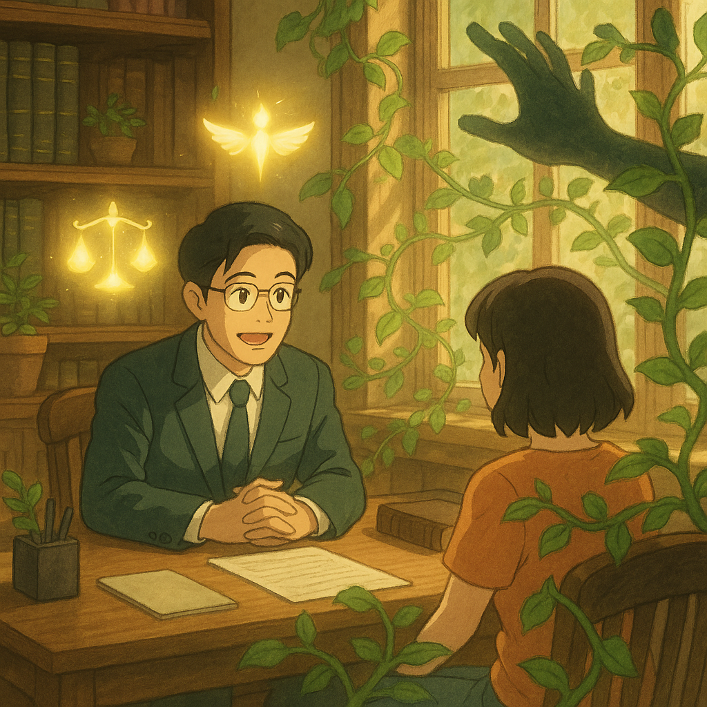 吉卜力風溫暖場景：台灣律師與民眾在木質事務所諮詢，柔光灑落。天平與盾牌化為發光精靈盤旋，柔和藤蔓阻擋黑影之手，象徵強制罪防護。手繪質感、自然光、細膩情感，無字。