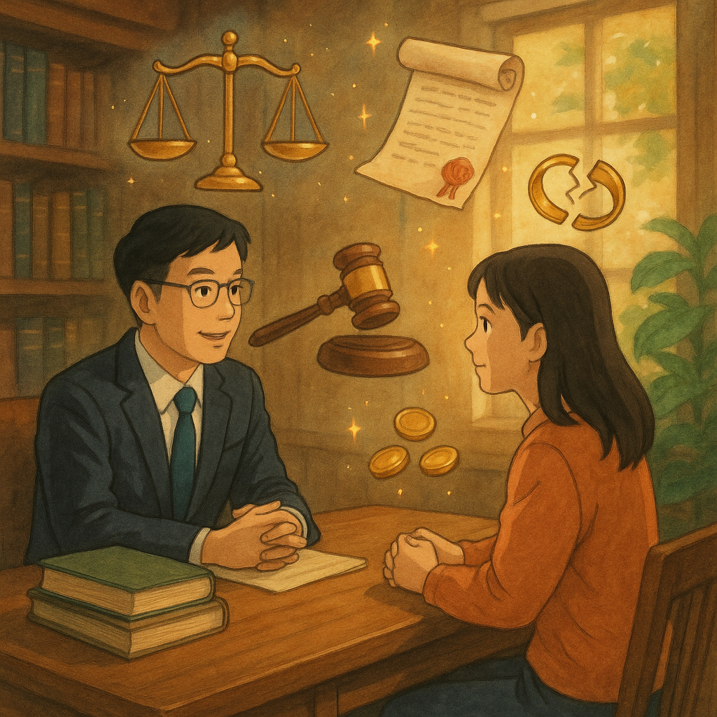 吉卜力風高解析插畫：台灣人律師與當事人在溫暖木質事務所對談；柔光灑落，周圍漂浮天秤、法槌、合約卷軸、破裂戒指與金幣等符號，象徵告第三者求償；手繪質感，魔幻又寫實，畫面無文字。