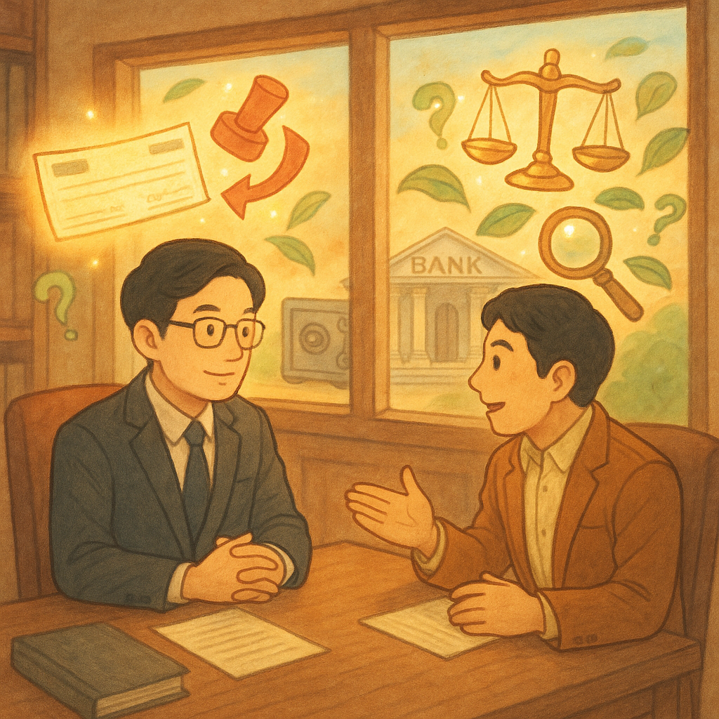 柔和陽光下，木質事務所中，一位台灣律師與台灣企業主對坐諮詢；桌上漂浮發光的支票、背書箭頭與紅色印章、天平與放大鏡化作精靈與問號葉片環繞，遠處銀行與保險箱點亮；日系奇幻動畫風、手繪質感、無文字、溫暖。