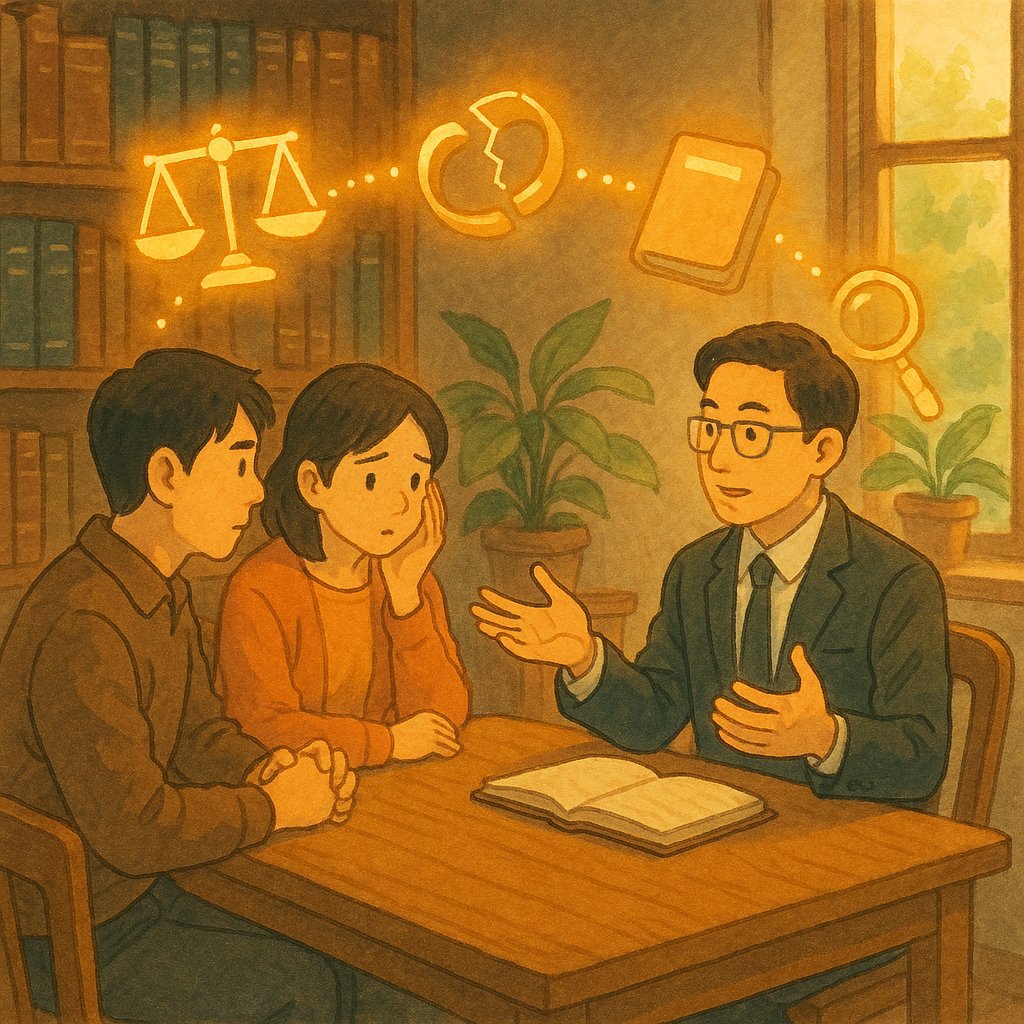 柔和自然光下的木質律所內,一位台灣律師與台灣夫妻專注諮詢;空中漂浮天秤、裂痕婚戒、檔案夾與放大鏡化作微光,串連成流程意象,象徵婚外情案例研究與策略對照;吉卜力般溫暖手繪質感,無文字。