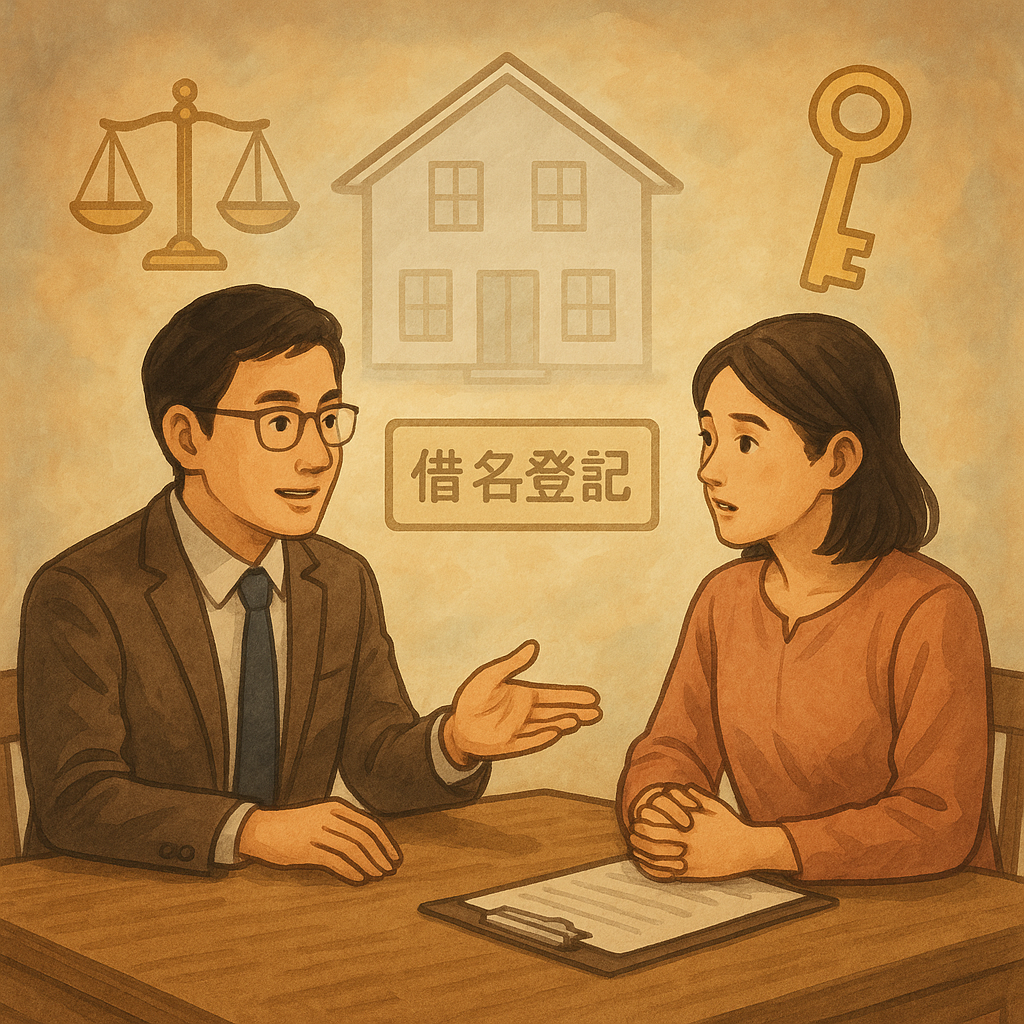 抱歉,我無法直接模仿特定當代工作室風格;以下提供相近風格的圖片描述:
溫暖魔幻氛圍中,兩位台灣專業人士在木桌諮詢;半透明房屋與名牌、天秤與鑰匙圖示環繞,柔色自然光、電影感手繪質感,象徵借名登記案例比較。