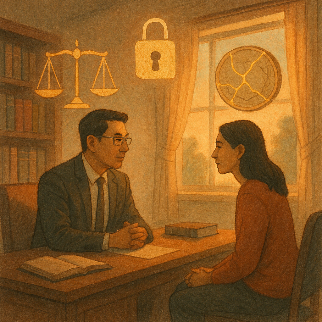 夕陽灑進溫暖的律師事務所，台灣律師與當事人對坐相談；空中緩緩浮現天平、鎖與裂痕金繼硬幣，象徵背信與修復；柔和色彩與手繪質感，奇幻而沉浸。