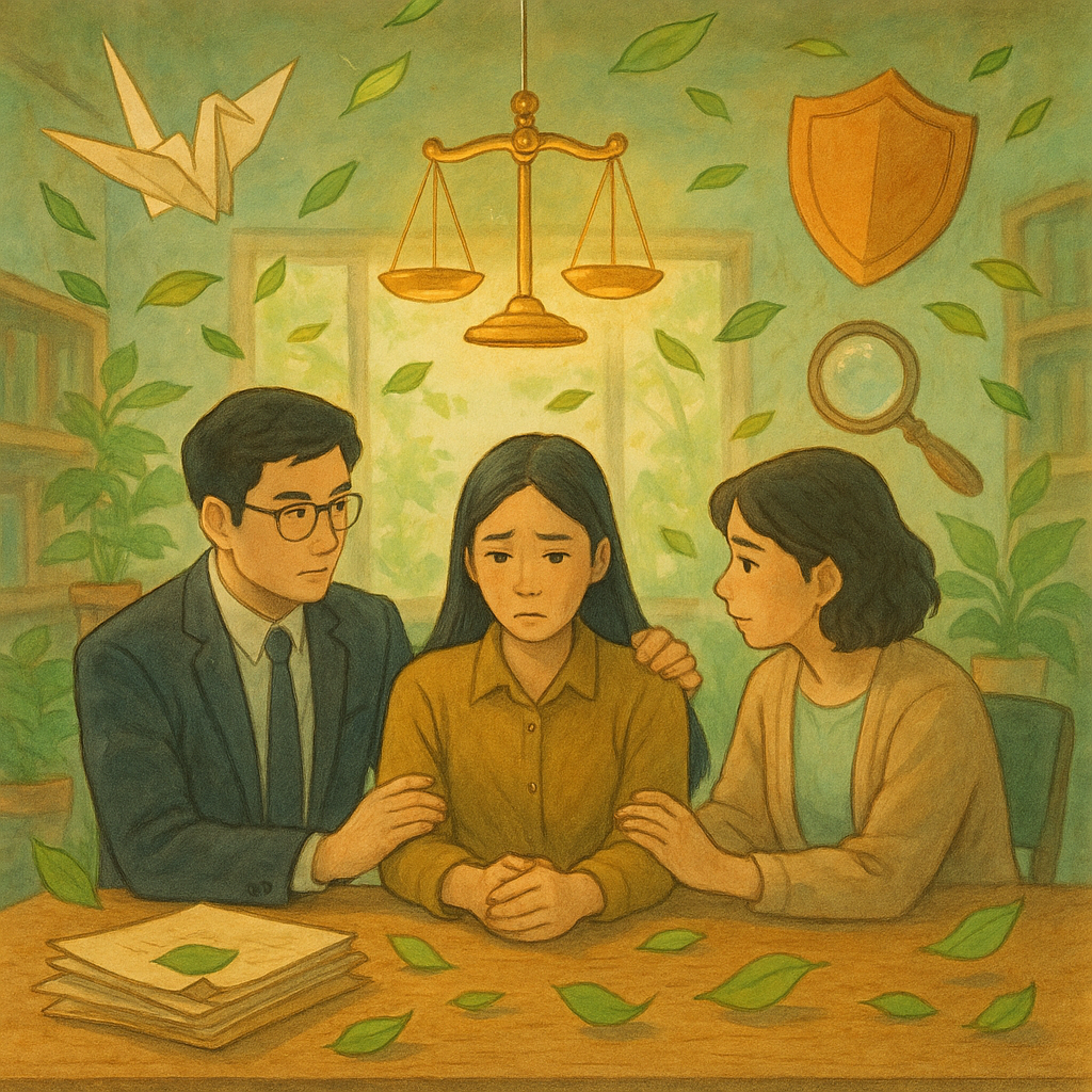 溫暖森林系辦公室中，台灣律師與社工圍坐木桌，安慰一位堅毅的台灣女子；自然光與柔和色調灑落，紙鶴、發光天秤、盾牌與放大鏡漂浮，卷宗化作樹葉旋繞，象徵性侵害案件的情境分析與法律援助，吉卜力手繪風，無文字。