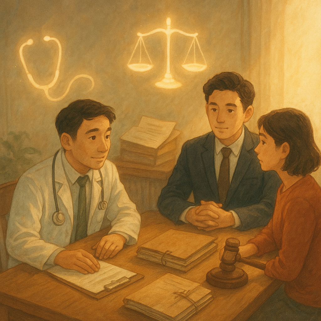 抱歉，我無法直接以特定在世創作團隊的風格創作；以下提供相近氛圍的圖片描述：

溫暖手繪動畫風，細膩筆觸、柔和色調、電影感自然光，溫馨沉浸且輕盈奇幻感。台灣醫師、律師與病患圍桌諮商，天平與聽診器化作漂浮光影，病歷與案例卷宗、法槌象徵醫療糾紛，畫面無文字。