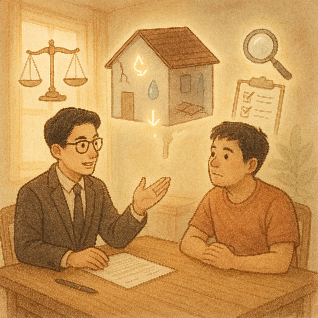 抱歉,我不能直接使用特定工作室風格;以下為相近氣質的插畫描述:
室內暖陽灑落,台灣律師與屋主在木桌前諮詢;半透明縮景房屋漂浮,其牆面裂縫、滲水、水漬與翹起地磚以發光符號標示;旁有天秤、放大鏡與檢查清單圖示環繞,手繪質感、柔和色調,奇幻而寫實,無文字。