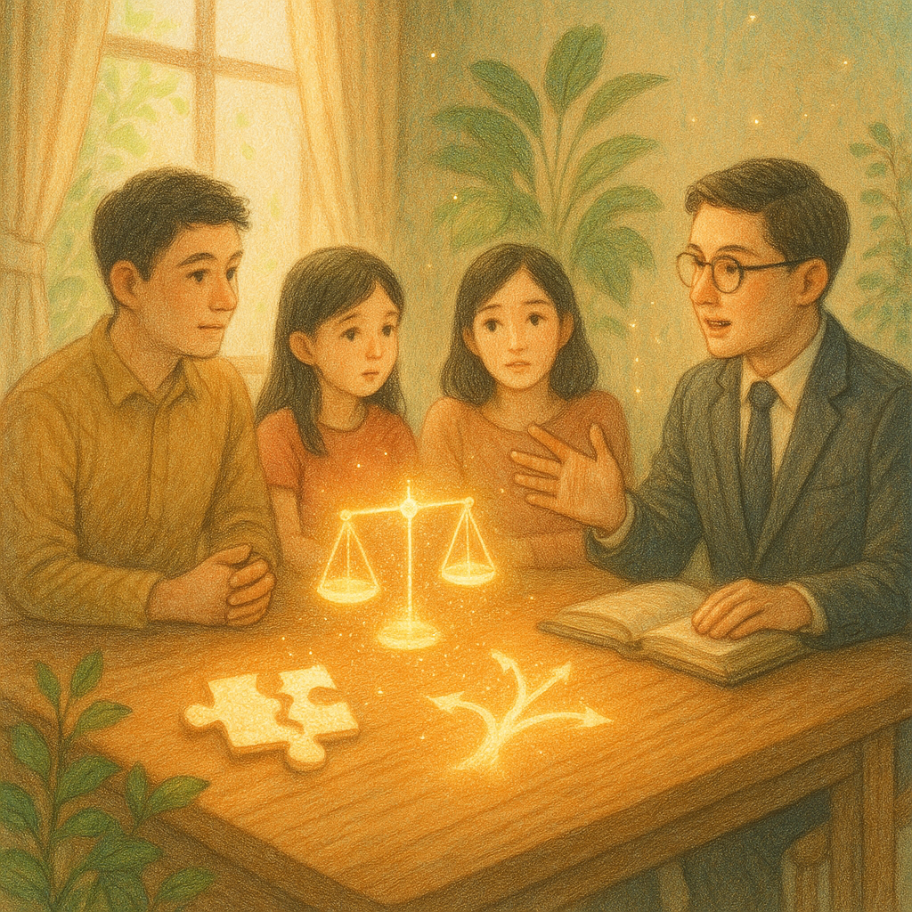柔和自然光下，手繪質感的溫暖場景：台灣夫妻與孩子在木桌旁傾聽專業律師。桌上漂浮發光天平、破裂拼圖與分岔小徑等符號，象徵家庭破裂與策略選擇；細緻植栽與微風粒子營造魔幻童話感，畫面無文字。