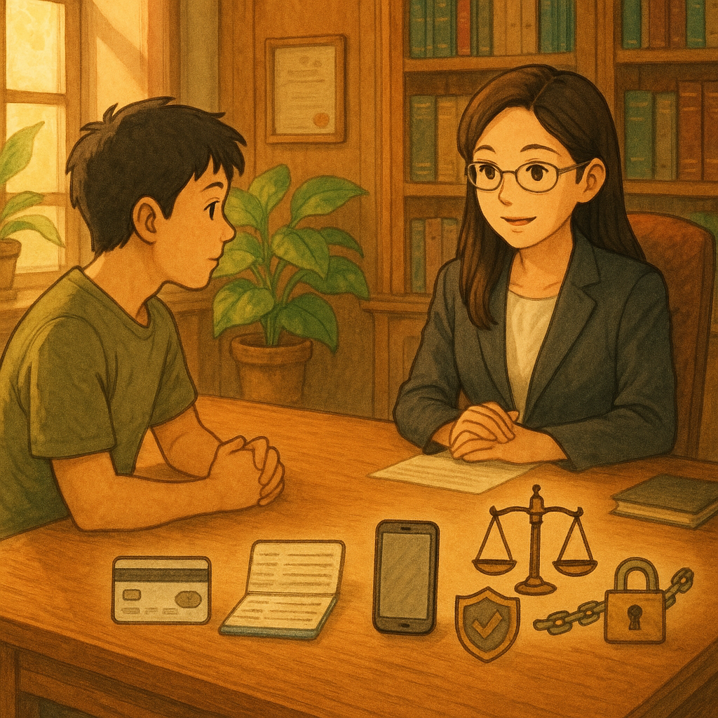 吉卜力風溫暖事務所內，台灣年輕人向台灣女律師諮詢。柔光下，桌上浮現手繪銀行卡、存摺、手機與天秤、盾牌、鎖鏈等圖示，象徵借賬戶風險與合規解答；木質紋理與綠植營造魔幻而專業的氛圍。