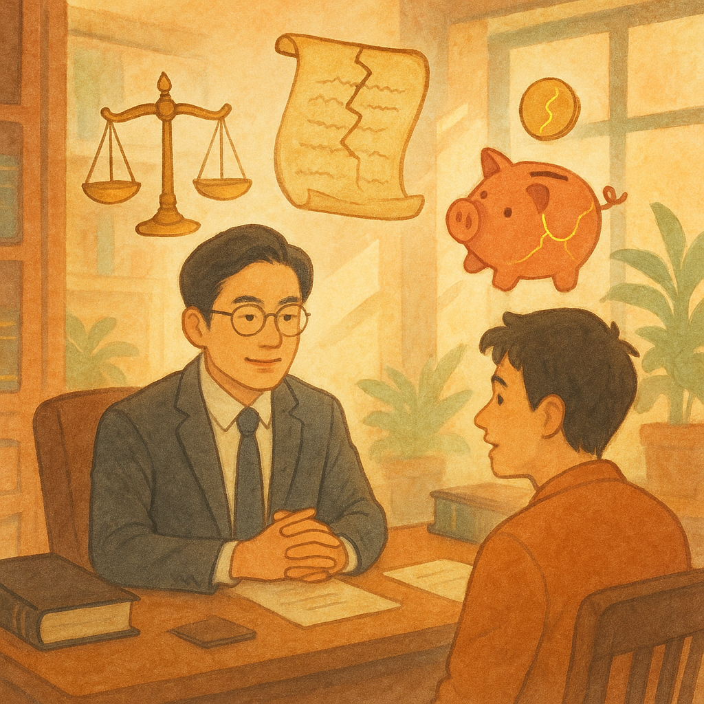 抱歉,我無法直接以特定工作室的風格創作;以下提供相近的溫暖奇幻、手繪質感描述。
午後自然光灑入木質事務所,台灣律師與當事人溫和對談;天平、裂紋契約卷、漏幣撲滿與斷裂金線在空中緩緩漂浮,寓意背信罪常見疑問;手繪柔色、暖意奇幻,畫面無文字。