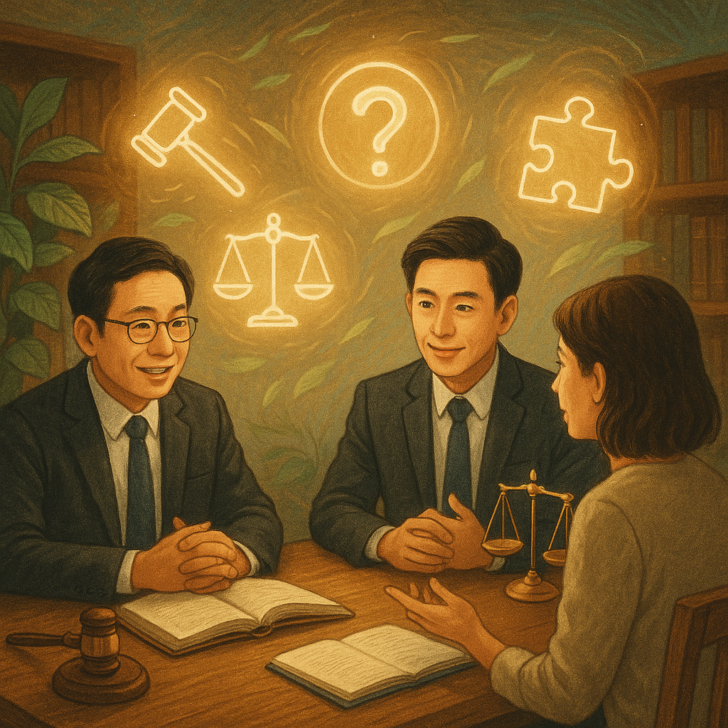 兩位台灣律師與民眾在木質書房圍桌諮詢，柔光與微風拂動紙頁，法槌、天平、問號與拼圖化作發光圖示在空中環繞，綠植與手繪紋理營造溫暖魔幻感，呈現FAQ主題的重點與解答線索。