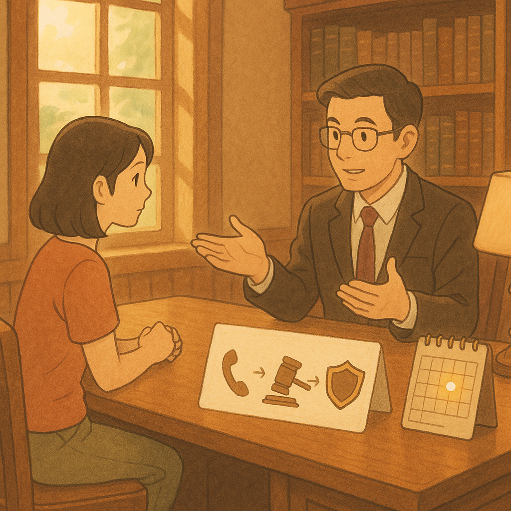 吉卜力風溫暖場景：台灣女子與律師在木質事務所諮商，窗外柔光。桌上浮現三步驟圖示—電話、法院印章、盾牌，旁有發光時程節點的日曆與勾選清單，象徵申請保護令；手繪質感、無字畫面。