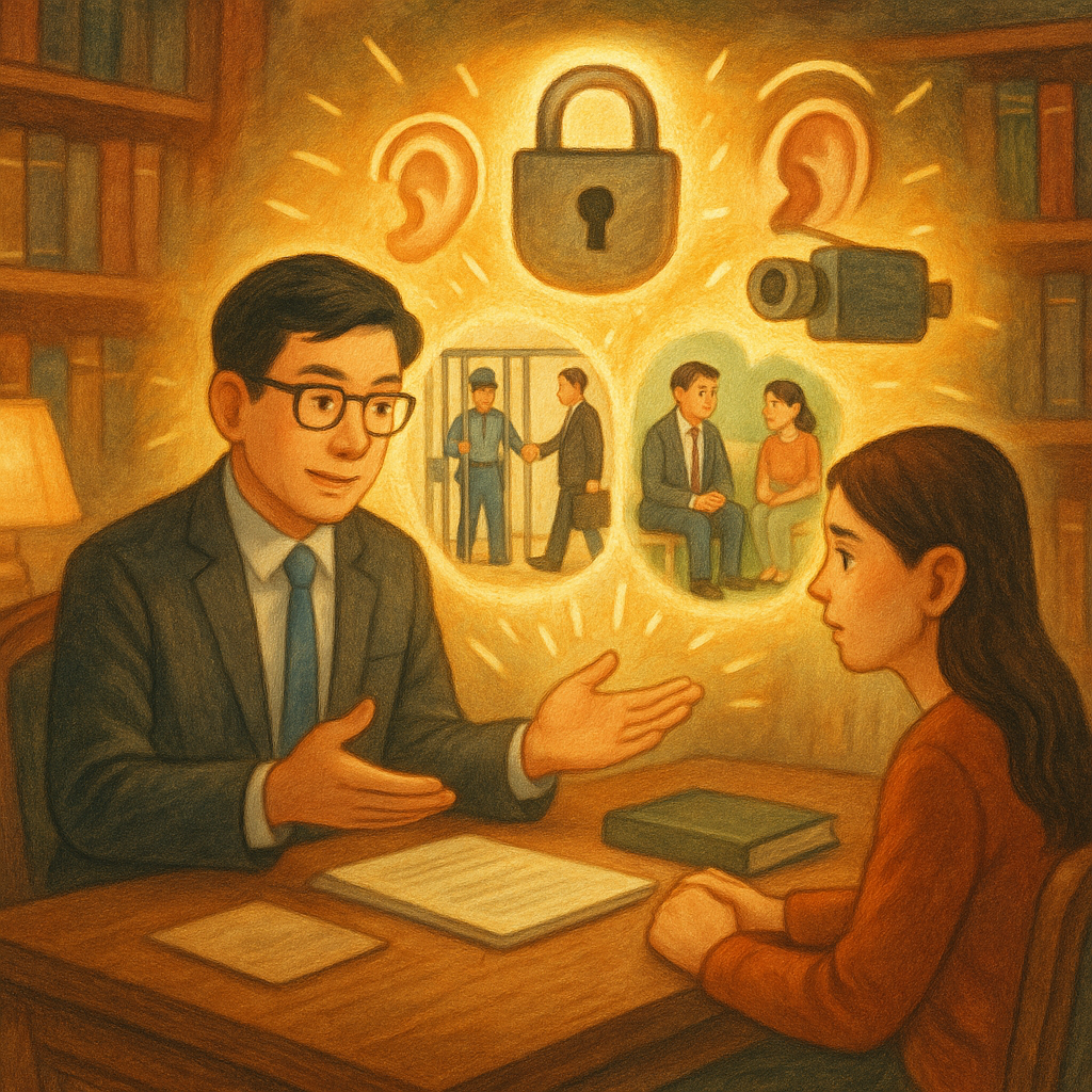 抱歉，我無法直接使用特定創作團隊的風格，但可提供相近的溫暖手繪電影感風格描述。

溫暖魔幻、手繪質感的高解析插畫：台灣律師與當事人在木質書房諮詢，桌上浮現兩個對比情境小劇場；鎖、耳朵與攝影機等妨害秘密符號環繞成光環，柔色自然光灑落，寫實與幻想並置，畫面無文字。