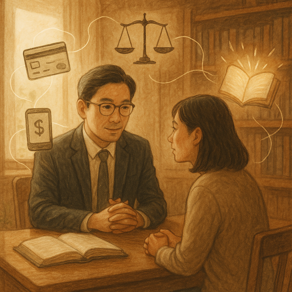 溫暖自然光下,台灣人律師與當事人在木質事務所對談,帶故事感;周圍漂浮手繪符號:銀行卡、手機賬戶、天秤與發光帳本,細絲相連暗示借賬戶風險;溫柔色調與細膩手繪質感、自然光影,無文字。