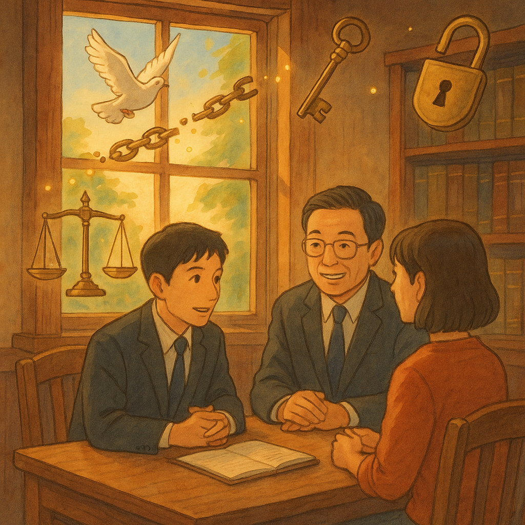 暖色自然光下，兩位台灣人律師與當事人在木質事務所諮詢；窗外微風拂動，白鴿飛起，斷裂鎖鏈化作光點；天秤、鑰匙與解鎖的掛鎖漂浮，手繪吉卜力風格溫暖奇幻、無文字。