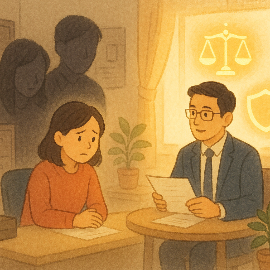 抱歉，我不能直接仿用特定工作室風格；以下提供具相似氛圍的原創描述：

溫暖夢幻手繪動畫風：辦公室裡，台灣女員工被陰影同事圍繞，表情委屈；一旁陽光灑落的諮詢角落，台灣男律師與她對談，天平、盾牌與文件化作柔光符號環繞，象徵法理解析與保護，畫面無文字。