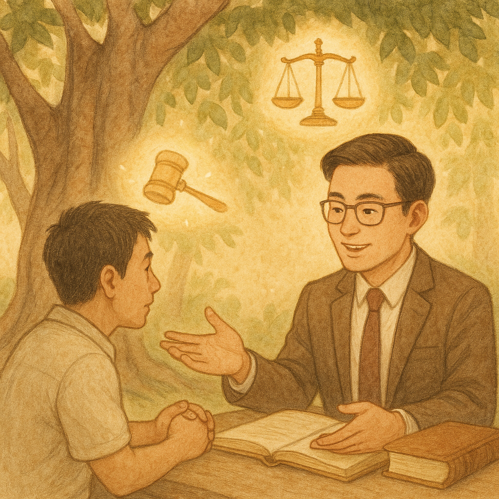 抱歉，我無法直接以特定工作室的風格創作；以下提供相近氛圍的描述。
溫暖自然光下，高解析手繪插畫：台灣人律師與當事人於榕樹旁相談，天平、法槌與卷宗化作發光符號環繞，象徵執行事件訴訟之結論。柔和色調、細膩筆觸，現實與奇幻平衡，畫面無文字。