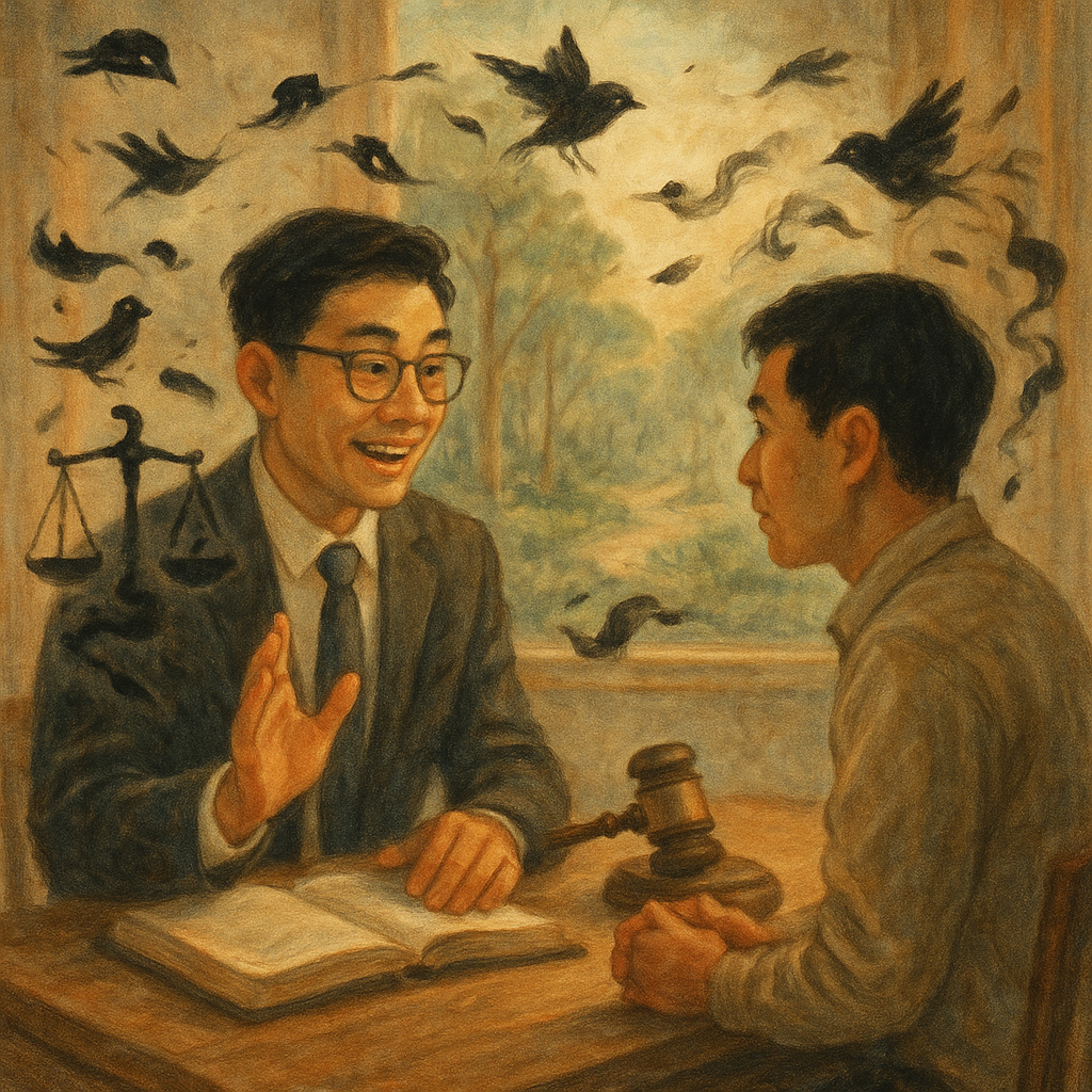 溫暖晨光下,表情鮮活的台灣人律師與當事人於木桌諮詢,周圍飄浮的流言低語化作黑羽小鳥與墨跡,化作天秤與法槌守護;手繪森林窗景、柔和色調與細膩紋理與電影感景深,營造奇幻卻專業的情境,畫面無文字。