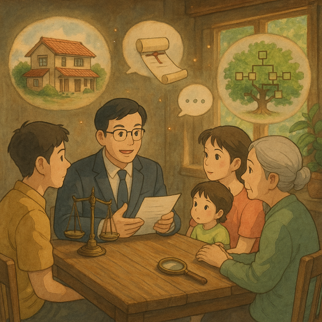 吉卜力風高解析度、電影感插畫:溫暖自然光下,台灣律師在木桌與三代家人諮詢。手繪家屋、遺囑卷軸、天秤、家譜樹與漂浮對話泡泡和放大鏡在空中微光流轉,柔和色調、手繪質感、細節豐富,無文字。