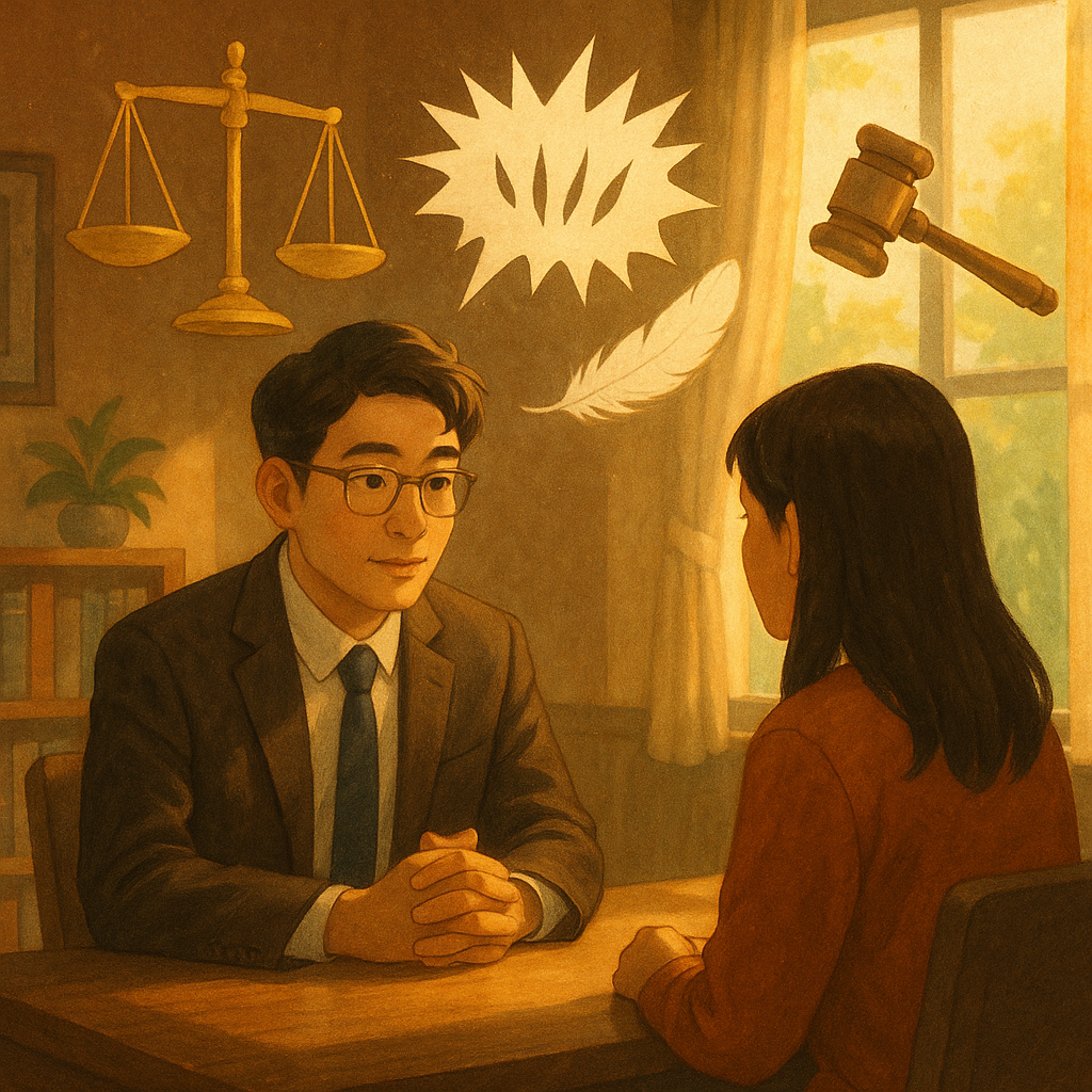 溫暖奇幻動畫風，高解析、自然光與手繪質感。台灣人律師在陽光灑入的諮詢室傾聽委託人；空中漂浮天秤、法槌與無字對話雲，化作尖刺陰影再柔化為羽毛，象徵公然侮辱與修復。畫面無文字，情感細膩、電影感。