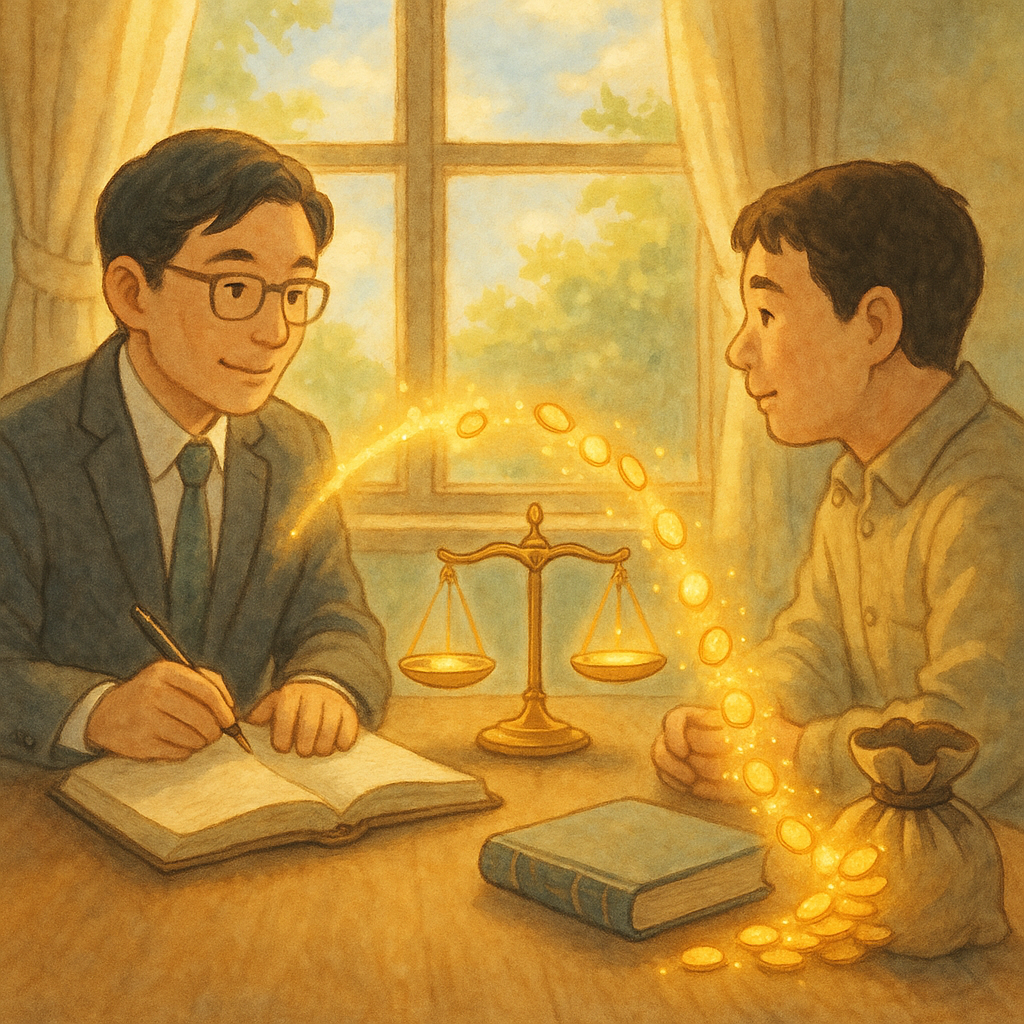 柔光下的會議室裡，台灣律師與當事人對坐，表情溫和專業，天光灑落。金幣化作溫暖流光自滿溢錢袋回流至天秤與帳冊，象徵不當得利返還與公平結論。吉卜力式手繪、自然光與柔色，帶魔幻感，無文字。