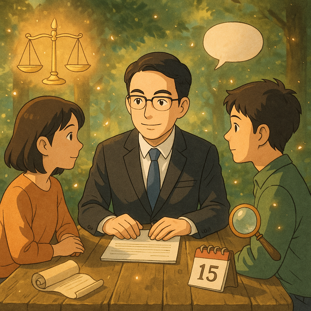 暖色晨光下,吉卜力風高解析度插畫:台灣律師與民眾圍坐木桌諮詢,表情專業溫暖。周遭漂浮手繪天平、文件卷軸、放大鏡、日曆與空白對話泡,細小光靈穿梭其間,森林光點灑落,現實與奇幻平衡,畫面無文字。