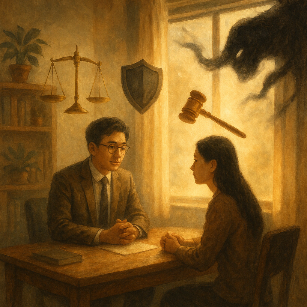 溫暖柔光下，台灣律師與當事人於自然系辦公室對談，木質桌旁漂浮象徵性的天平、盾牌與法槌；窗外黑影化作煙霧欲靠近，被柔光如繭隔離，暗示對抗恐嚇。電影感構圖、手繪質感、無文字、奇幻詩意。